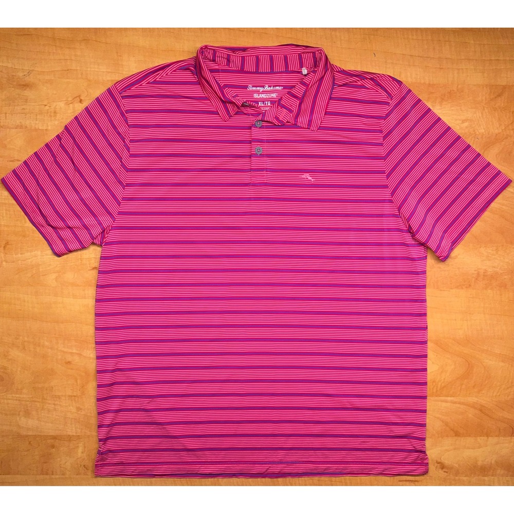 Tommy Bahama IslandZone Mens XL Polo Shirt Pink Purple Striped Short Sleeve Golf